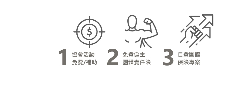 1.協會活動免費/補助，2.免費雇主團體責任險，3.自費團體保險專案