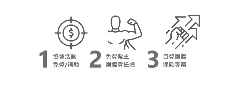 1.協會活動免費/補助，2.免費雇主團體責任險，3.自費團體保險專案